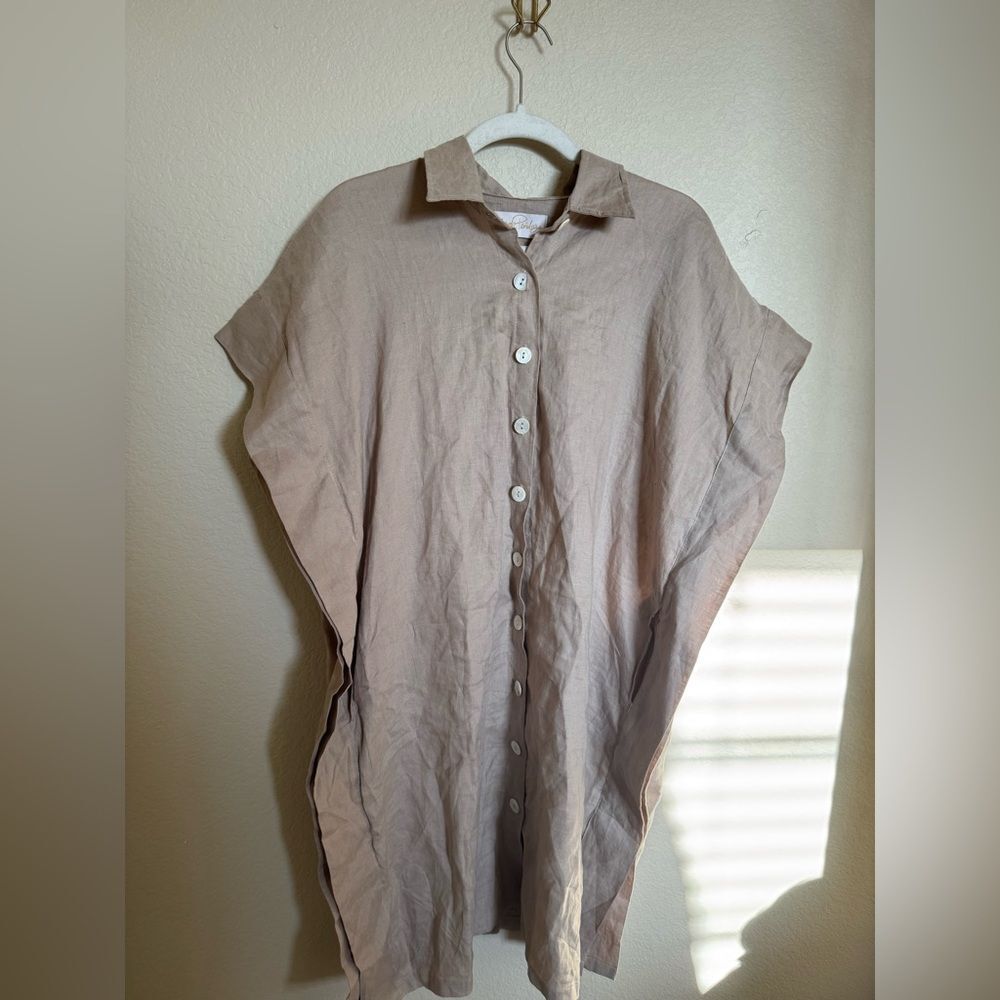 Myrah Penaloza Linen Boxy Minimalist Tunic Shirt Dress Oatmeal One Size Fits All
